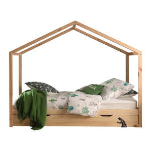 Domčeková detská posteľ z borovicového dreva s výsuvným lôžkom a úložným priestorom v prírodnej farbe 90x200 cm DALLAS – Vipack
